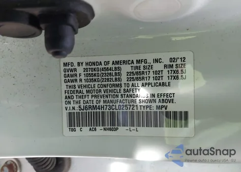 2012 Honda Cr-V Ex-L from USA, damaged, VIN 5J6RM4H73CL025721